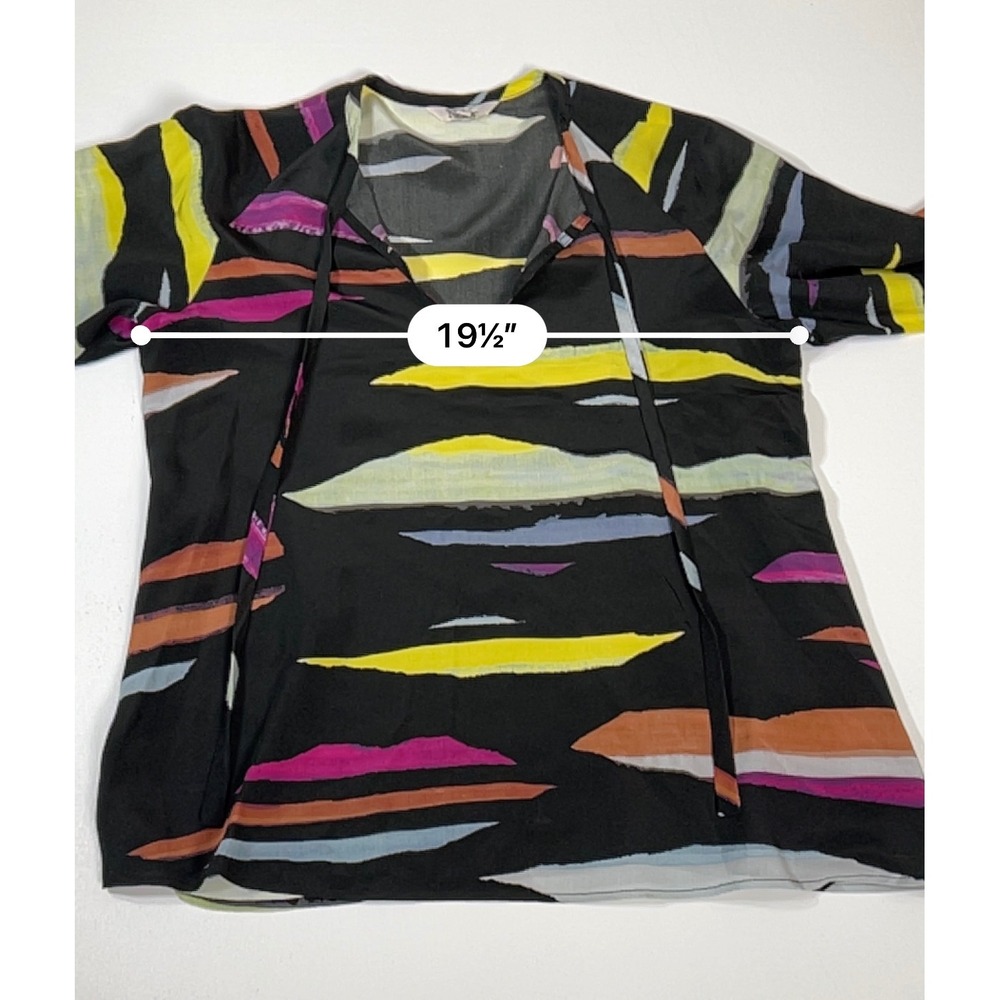 Tucker Silk Blouse M Black Multicolor Abstract Art to Wear Tie Neck - Picture 8 of 16